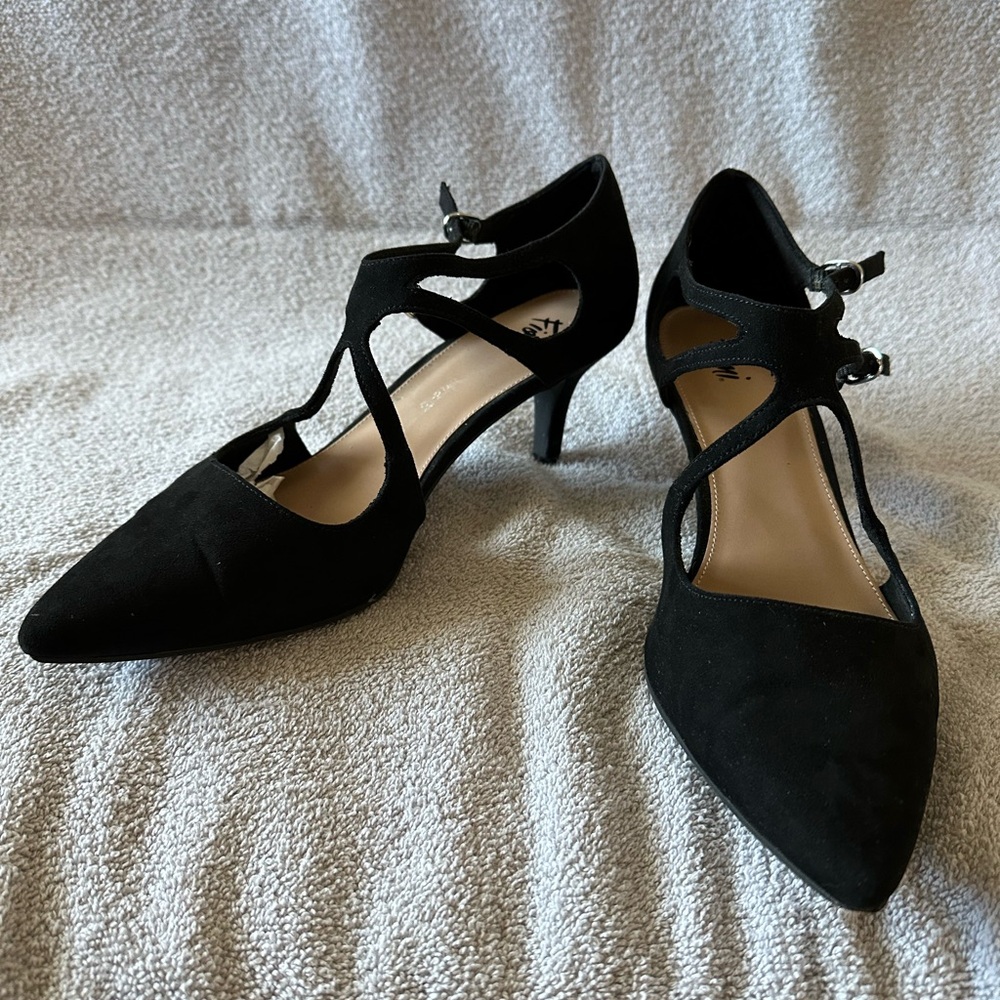 Payless Black Suede Pointed Toe Strappy Heels